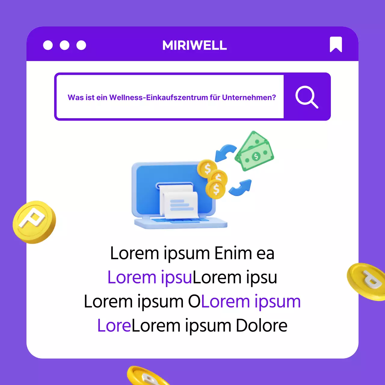 Ordentliches Corporate-Welfare-Einkaufszentrum Effekt mit lila-gelben 3D-Konzept CardNews