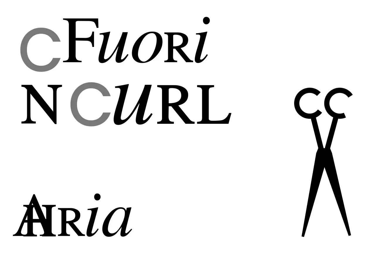 Insegna di un negozio dall'aspetto classico con testo bianco e nero sul taglio e l'arricciatura dei capelli e un'illustrazione di forbici.