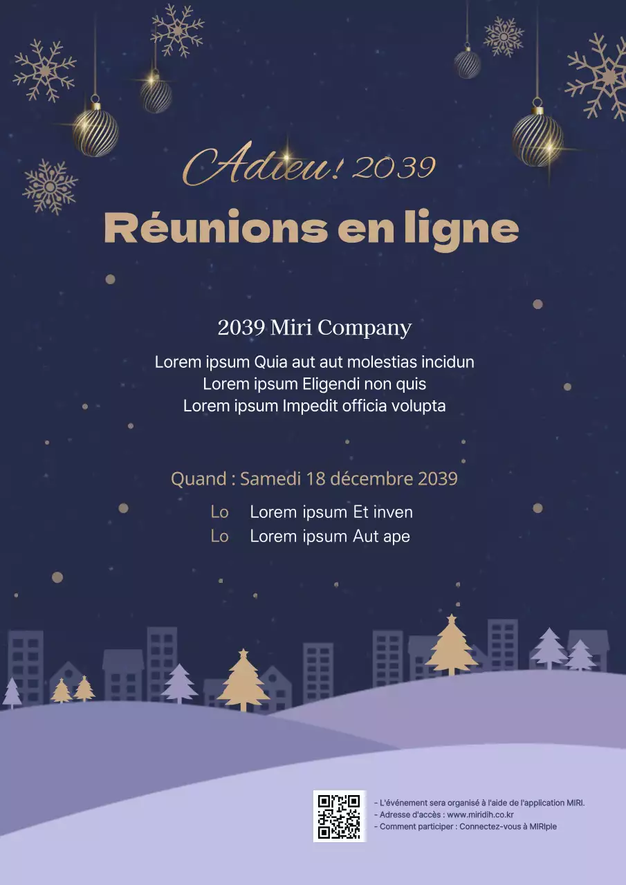 Bleu marine et or Miri Company online year-end party event poster announcement invitation