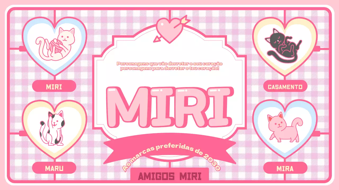 Página de apresentação de personagens e artigos giros com fundo axadrezado cor-de-rosa