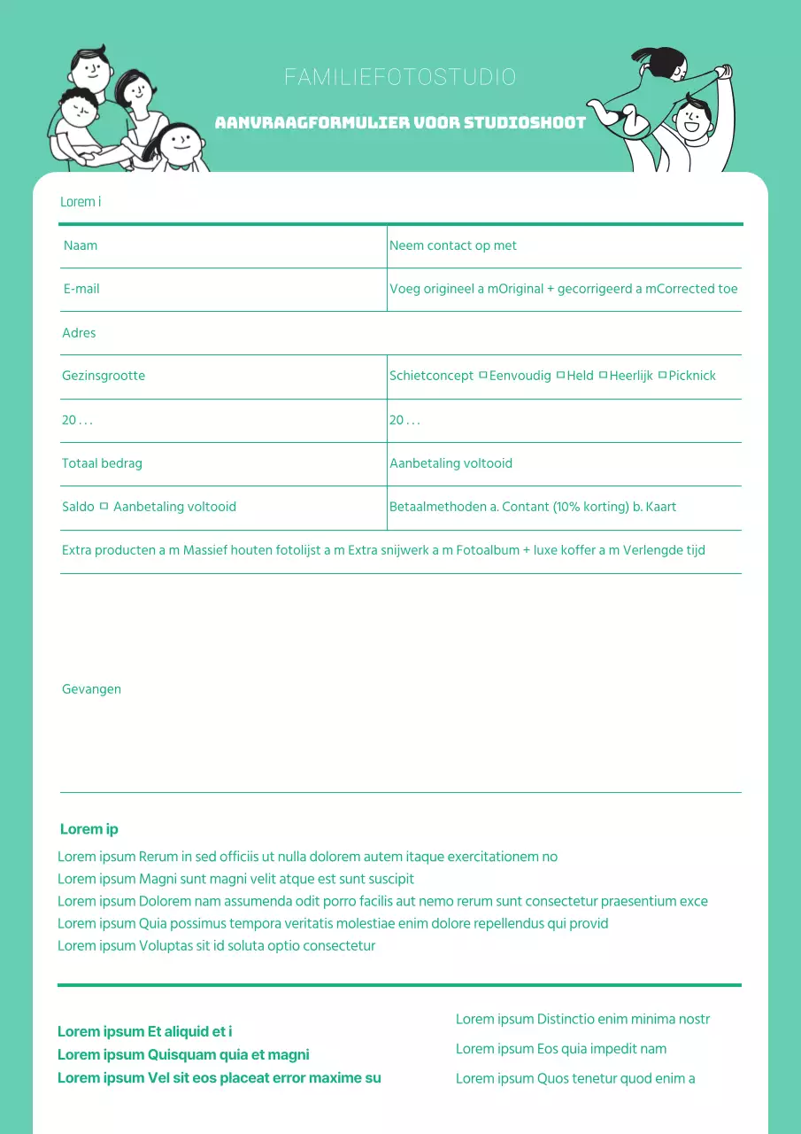 Aanvraagformulier voor een shoot in een illustratiestudio in mintkleur