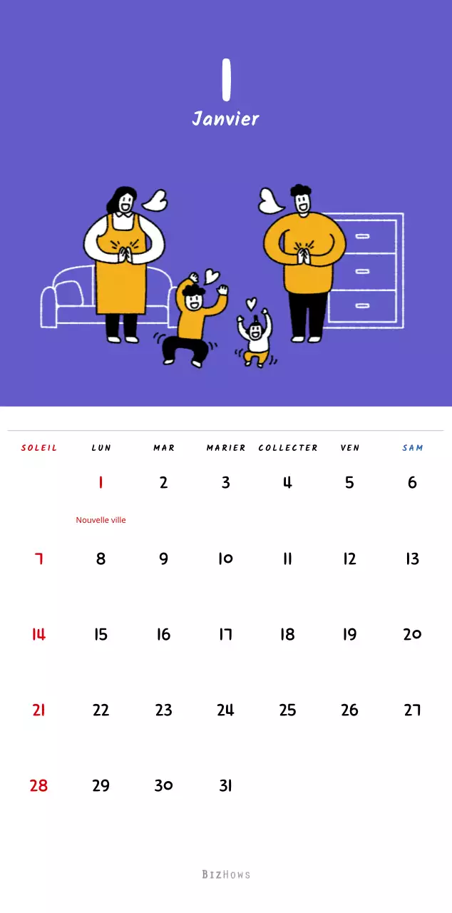 Calendrier du Nouvel An avec de jolies illustrations