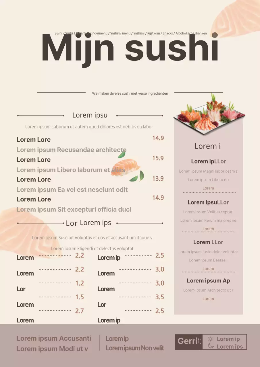 Menubord in een sushirestaurant met gele foto's en visillustraties