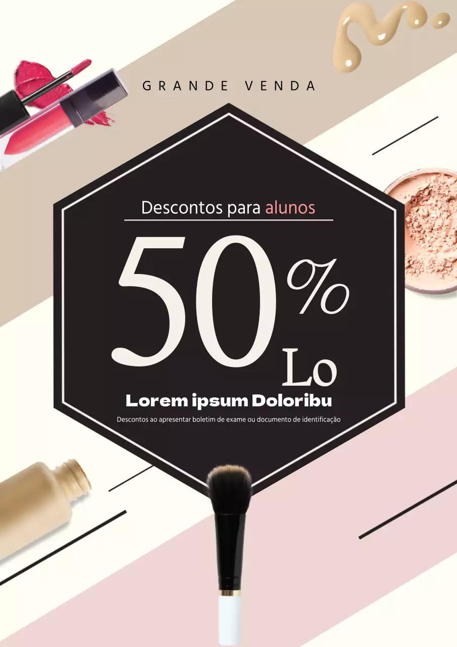 Evento de abertura de uma nova loja de cosméticos com fotografias de vários cosméticos de cor bege
