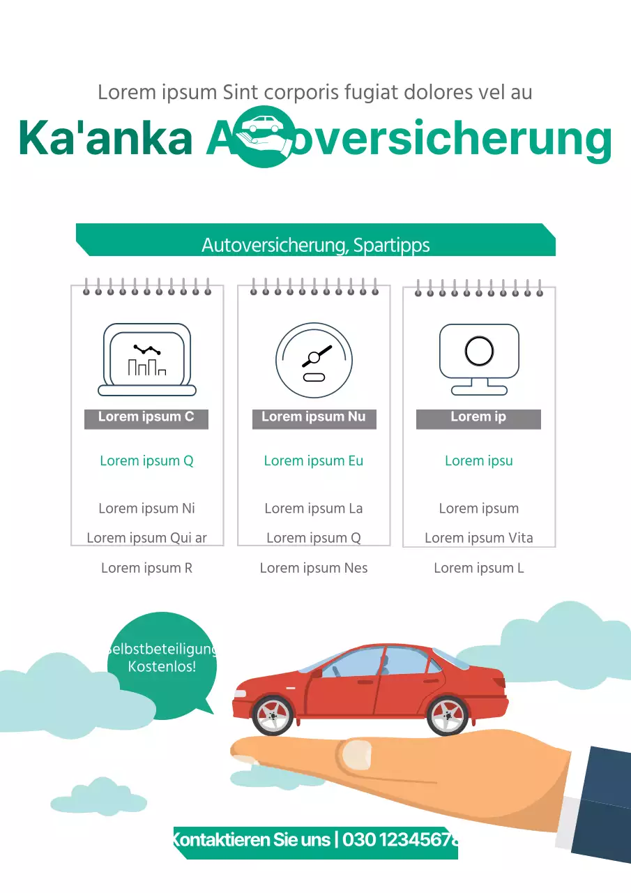 Werbung für die Kfz-Versicherung mit einer türkisfarbenen Auto-Illustration