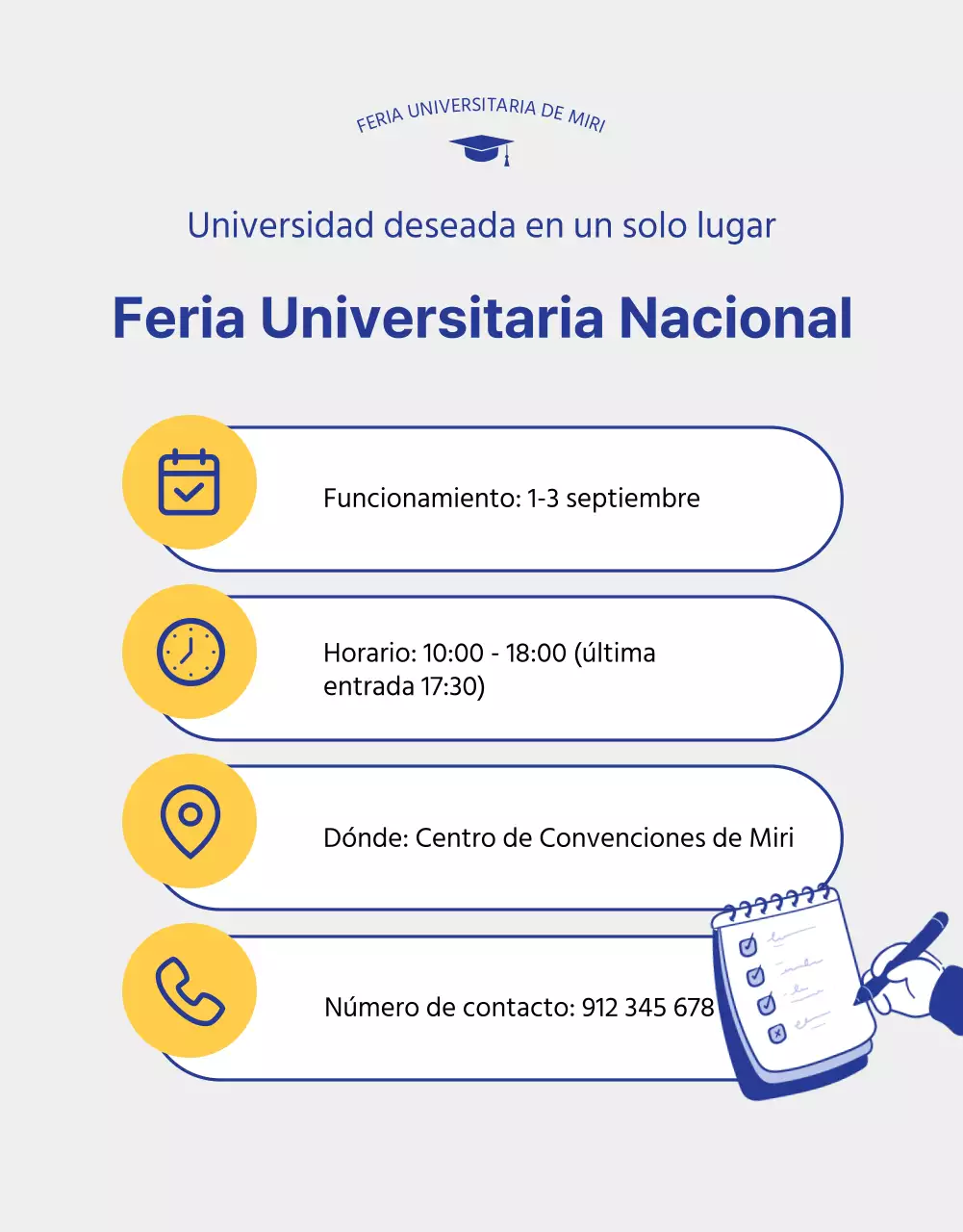 Ilustración azul y amarilla de una feria de admisión universitaria