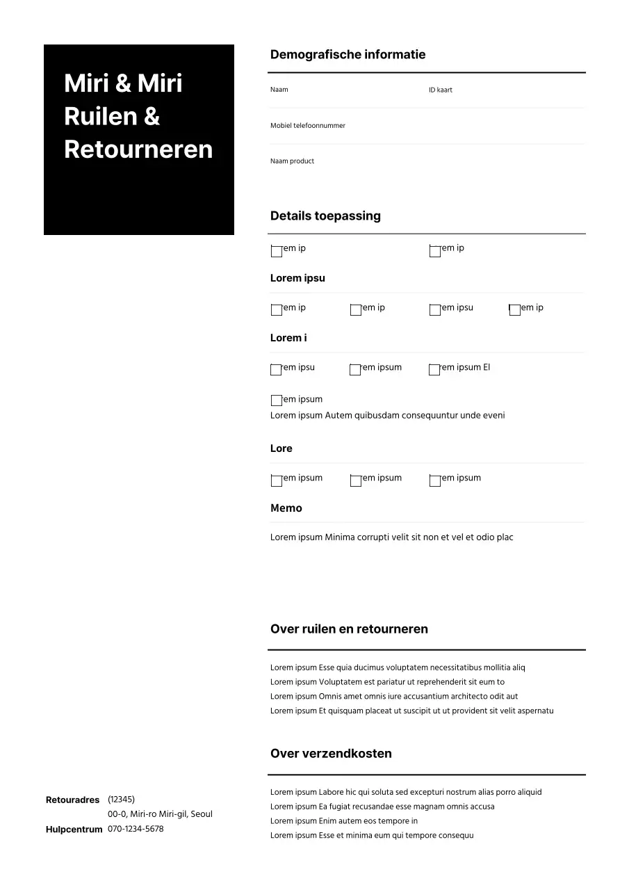 Zwart, eenvoudig en schoon kledingruilformulier