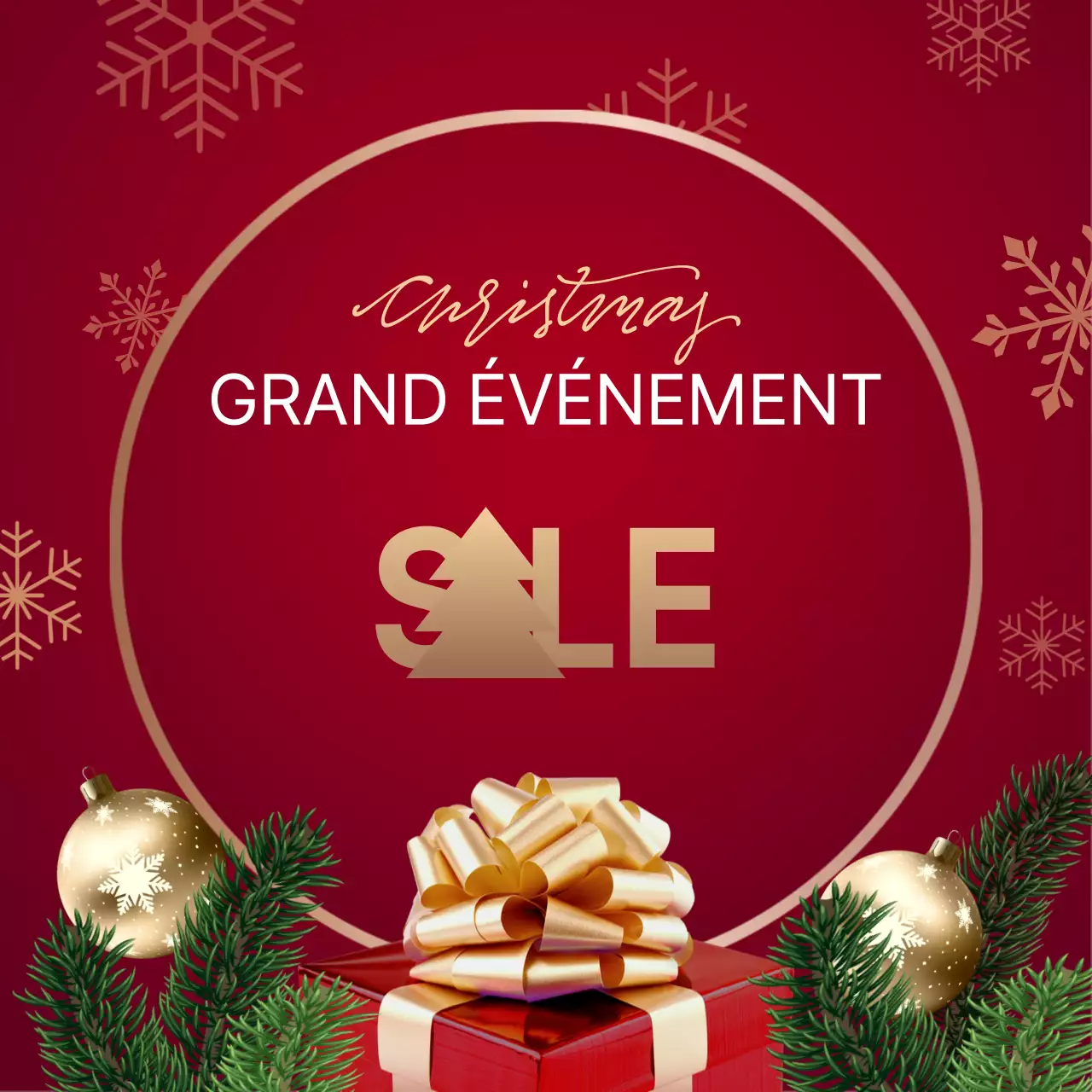 Thème des soldes de Noël avec une ambiance de fête luxueuse rouge-or