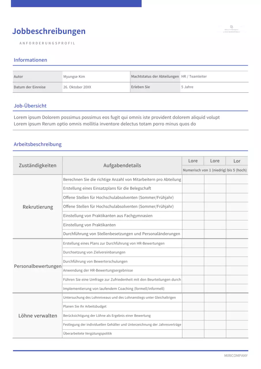 Einfache Stellenbeschreibung mit Linienbetonung in Marineblau und Schwarz