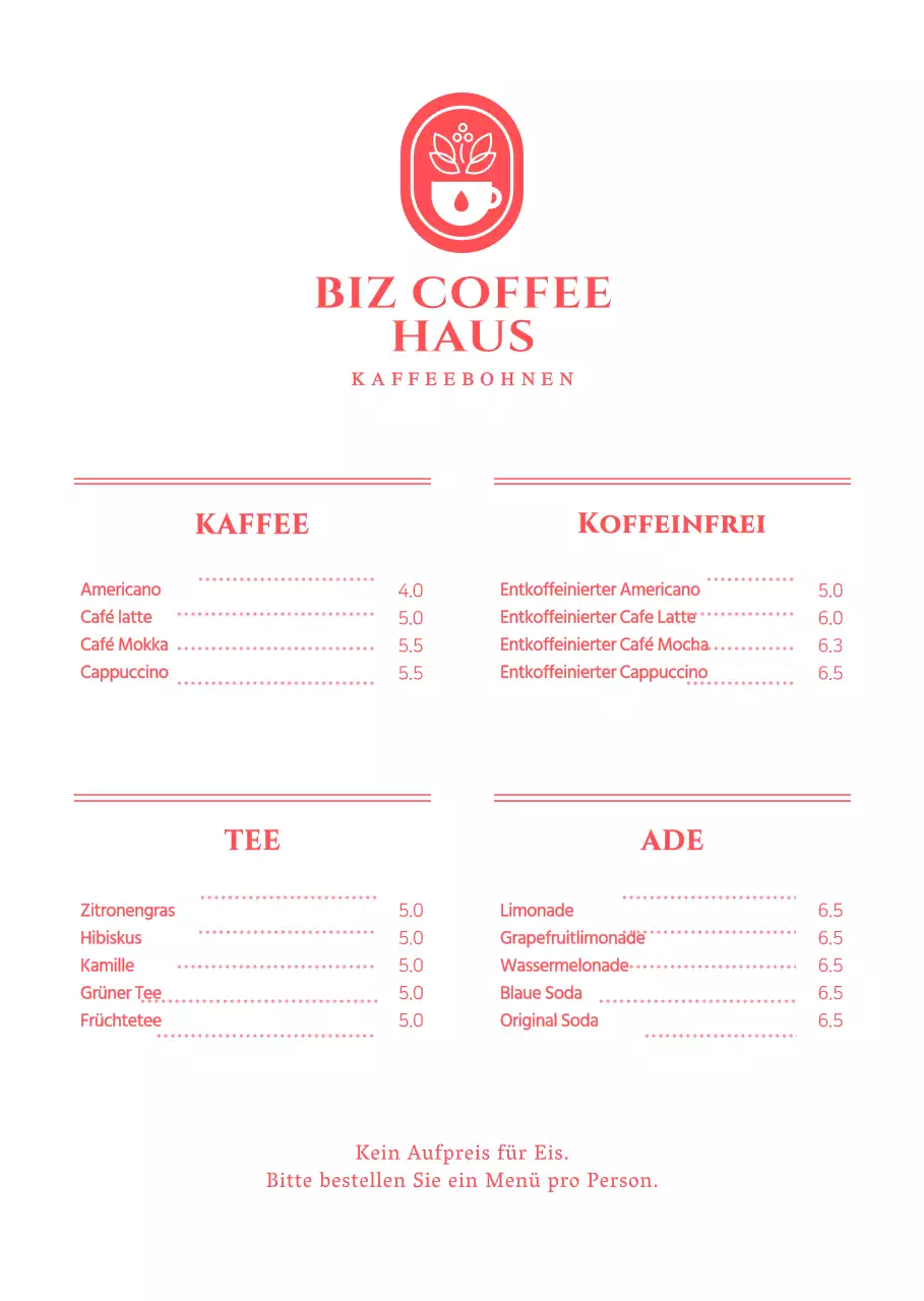 Preisgestaltung der Speisekarte für ein einfaches rot-weißes Konzept-Café