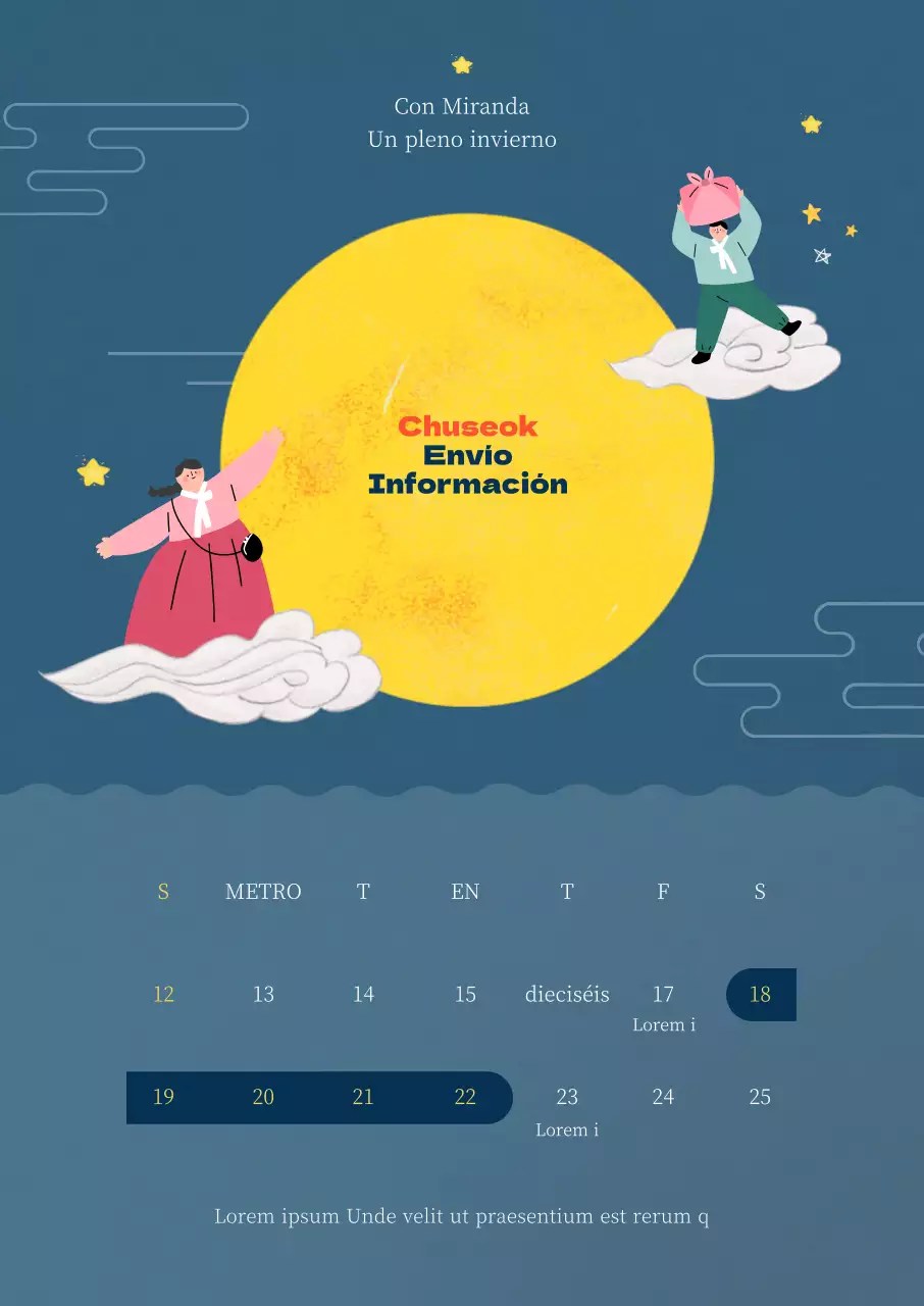 Cartel festivo de Chuseok con una ilustración de luna llena en tonos azul marino