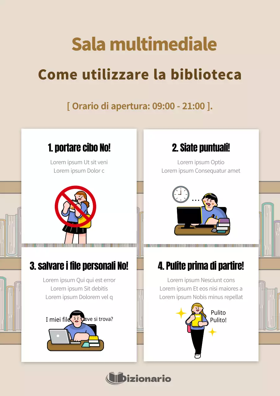 Una guida all'uso della biblioteca con simpatiche illustrazioni in marrone
