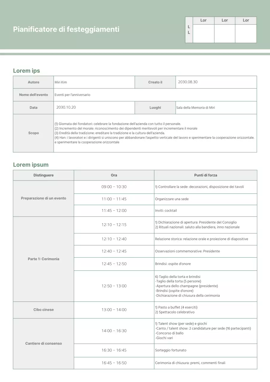 Un planner per le celebrazioni verde, pulito e tabellare