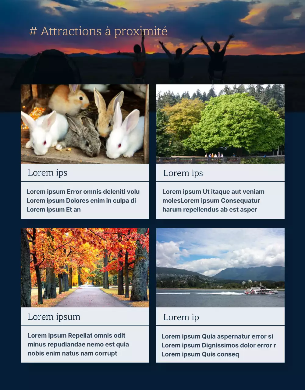 Page de détail du camping bleu marine et noir