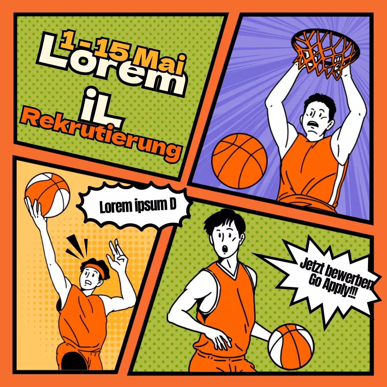 Rekrutierung für einen lustigen, kitschigen, orangefarbenen, cartoonartigen Basketballverein