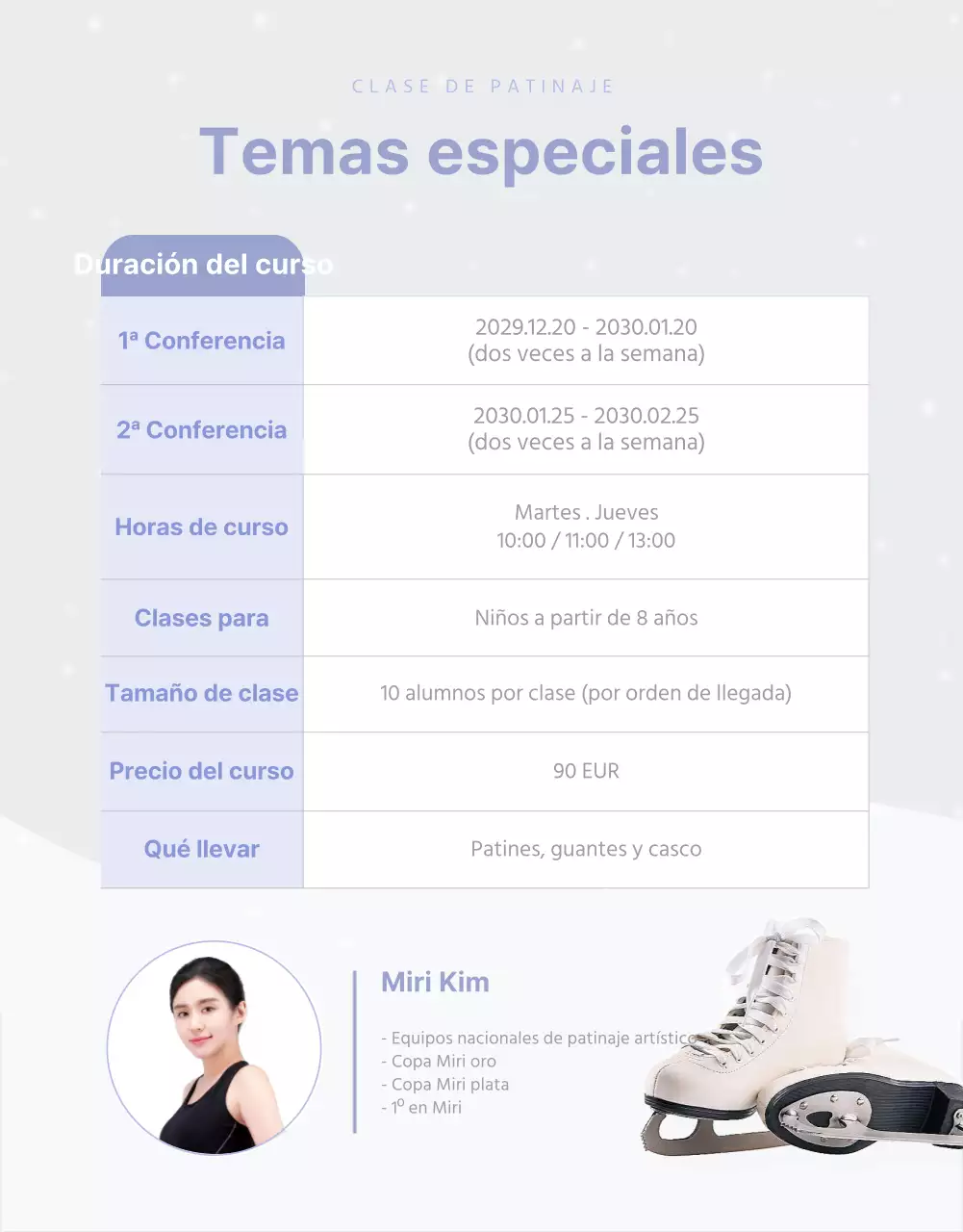 Lección de patinaje de inspiración invernal en blanco con detalles en malva Detalles