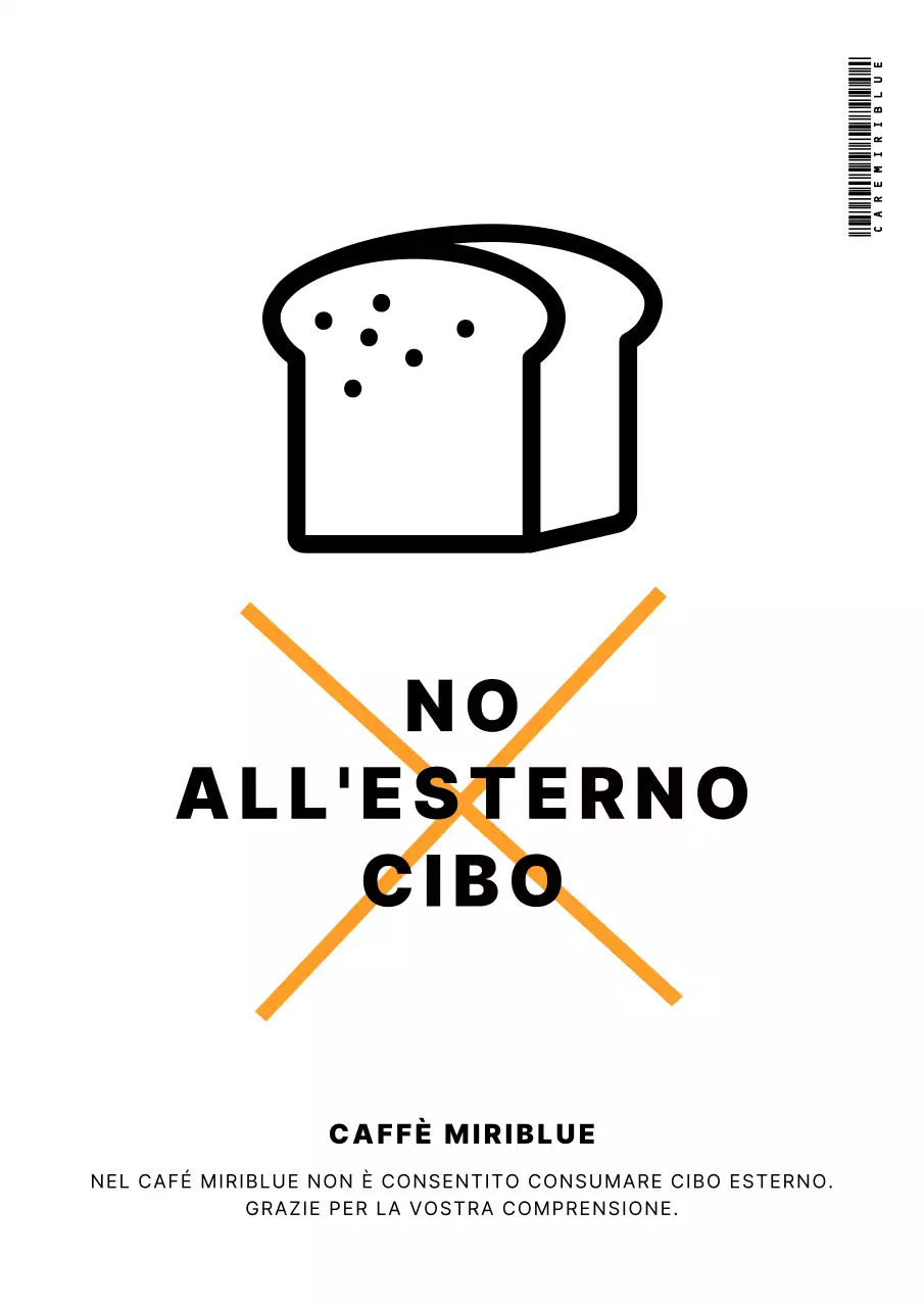 Un semplice cartello bianco e nero che vieta di mangiare all'esterno dei bar.