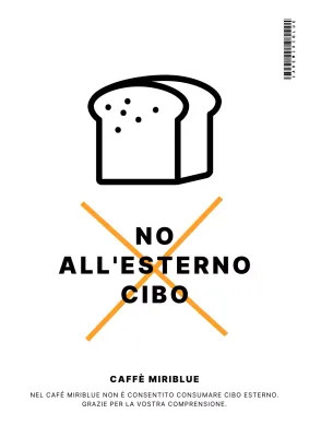 Un semplice cartello bianco e nero che vieta di mangiare all'esterno dei bar.