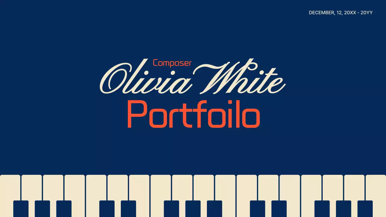 Piano-themed composer portfolio in navy