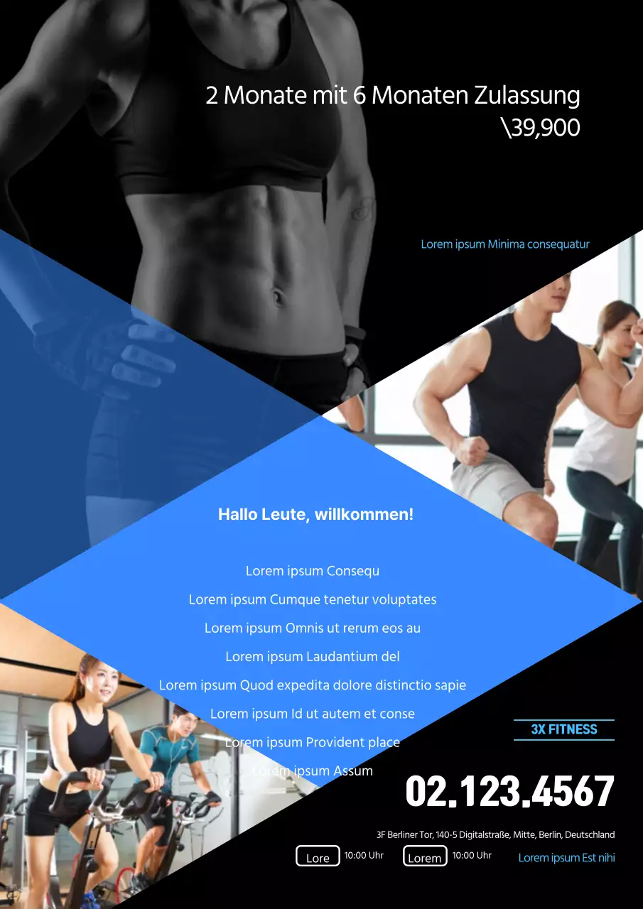 Plakat zur Fitnessmitgliedschaft mit Fotos und blauen Akzenten