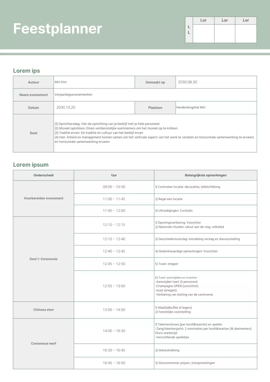 Een groene, schone evenementenplanner met tabellen