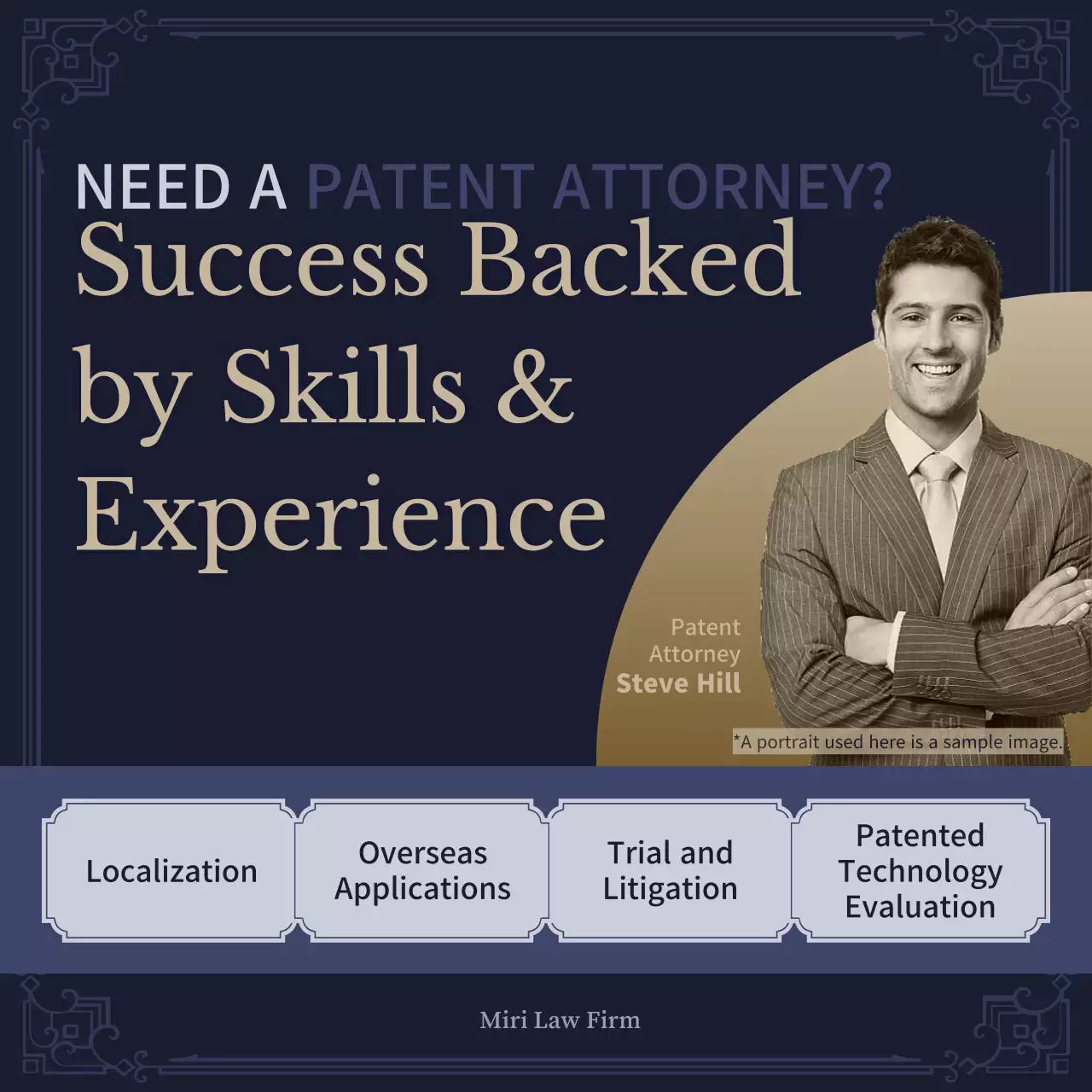 Professional patent attorney ad in navy blue and beige