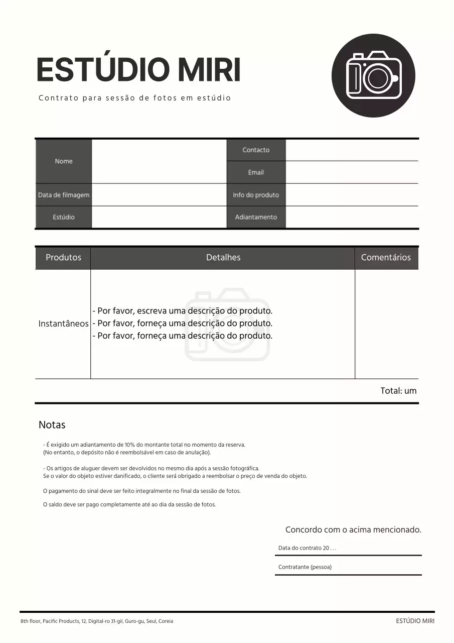 Um documento de contrato de filmagem limpo, a preto e branco
