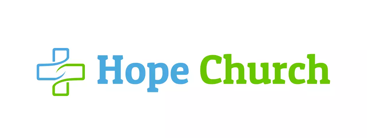 Church logo with a simple cross illustration in blue and green