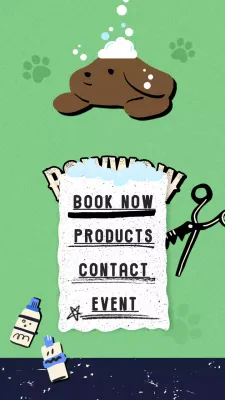 An Instagram story about a brown dog taking a bubble bath on a green background.