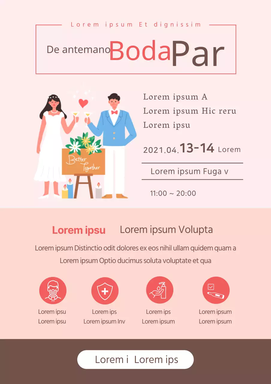 Folleto promocional sencillo de feria nupcial en rosa y marrón