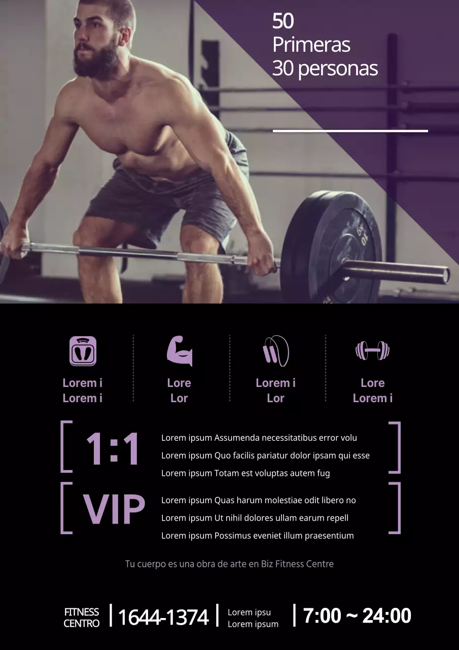 Simple promoción de descuento en un gimnasio por orden de llegada con una foto morada de un hombre haciendo ejercicio