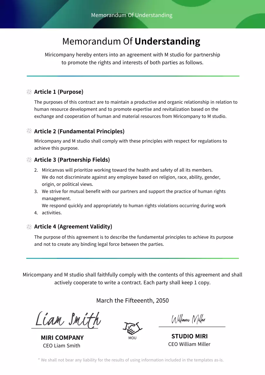 Navy blue and green gradient business affairs MOU partnership document agreement (business template)