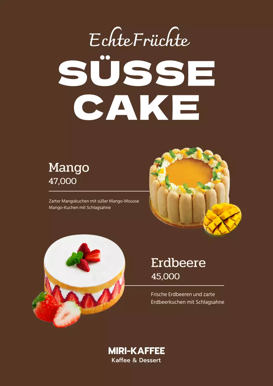 Sauberes und einfaches Kuchenmenü mit braunem Hintergrund