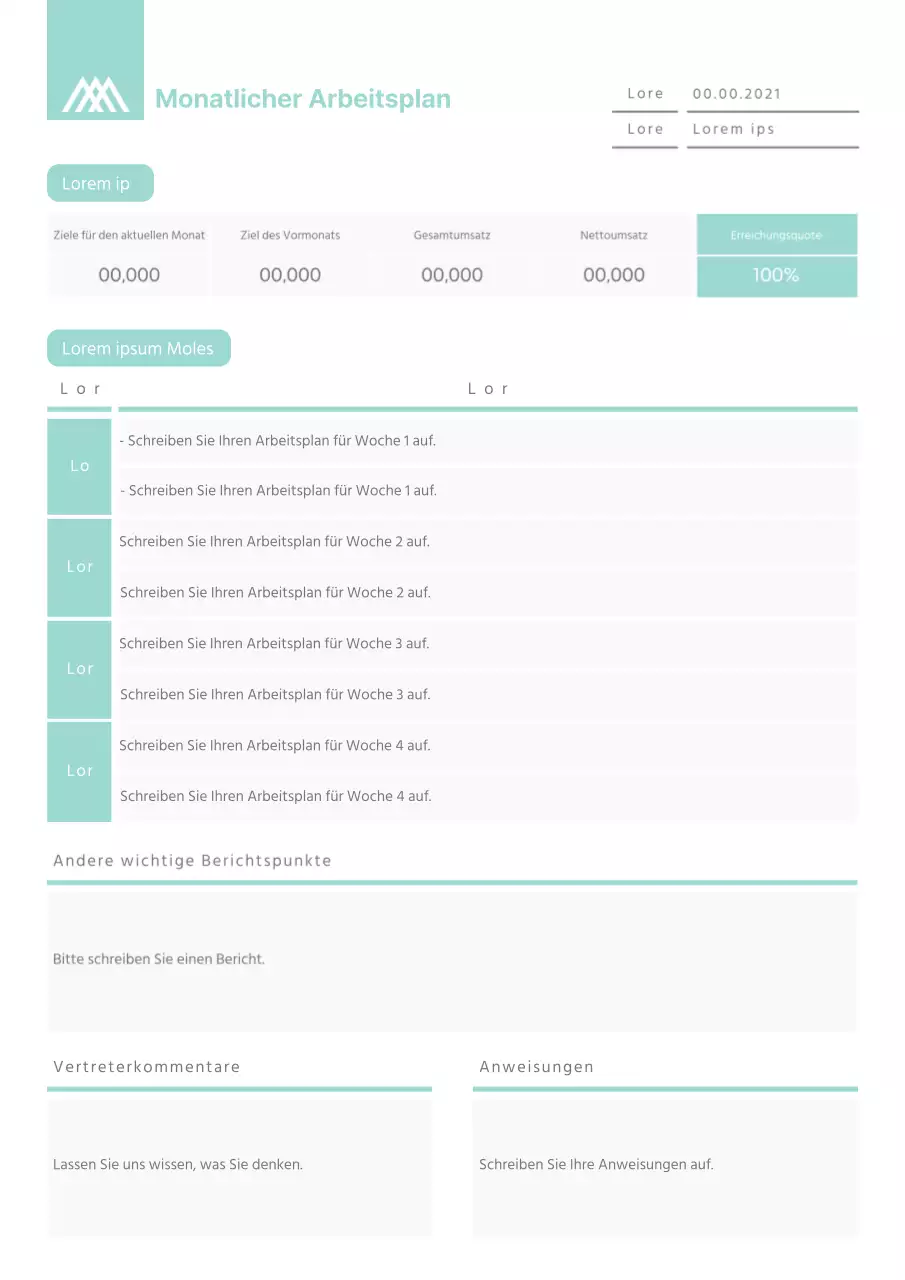 Sauberes Konzept monatlichen Arbeitsplan Dokument Vorlage in mint Farbe