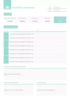 Sauberes Konzept monatlichen Arbeitsplan Dokument Vorlage in mint Farbe