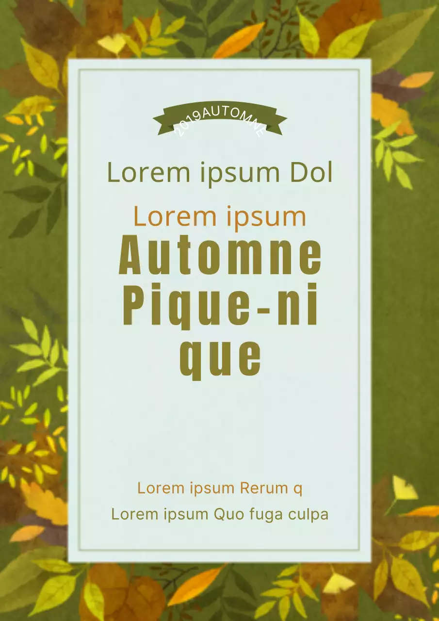 Annonce et promotion d'un pique-nique d'automne avec des illustrations de diverses feuilles vertes.