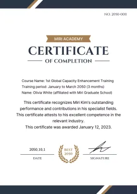 Training certificate documents with a classy look in navy and gold colors
