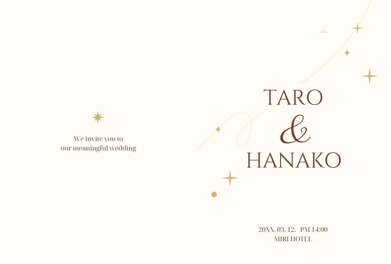 淡い黄色の星とラインのイラストが描かれた感性的なコンセプトの結婚式の招待状。