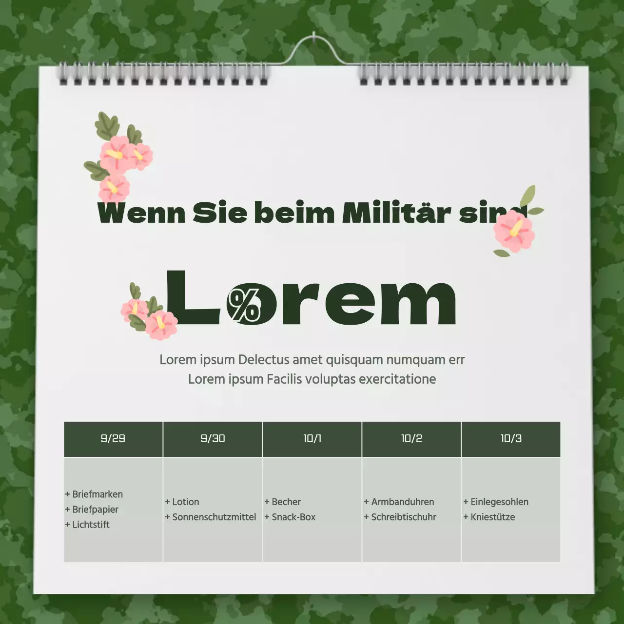 Ein hübsches militärisches Kalenderkonzept zur Ankündigung ermäßigter Veranstaltungen