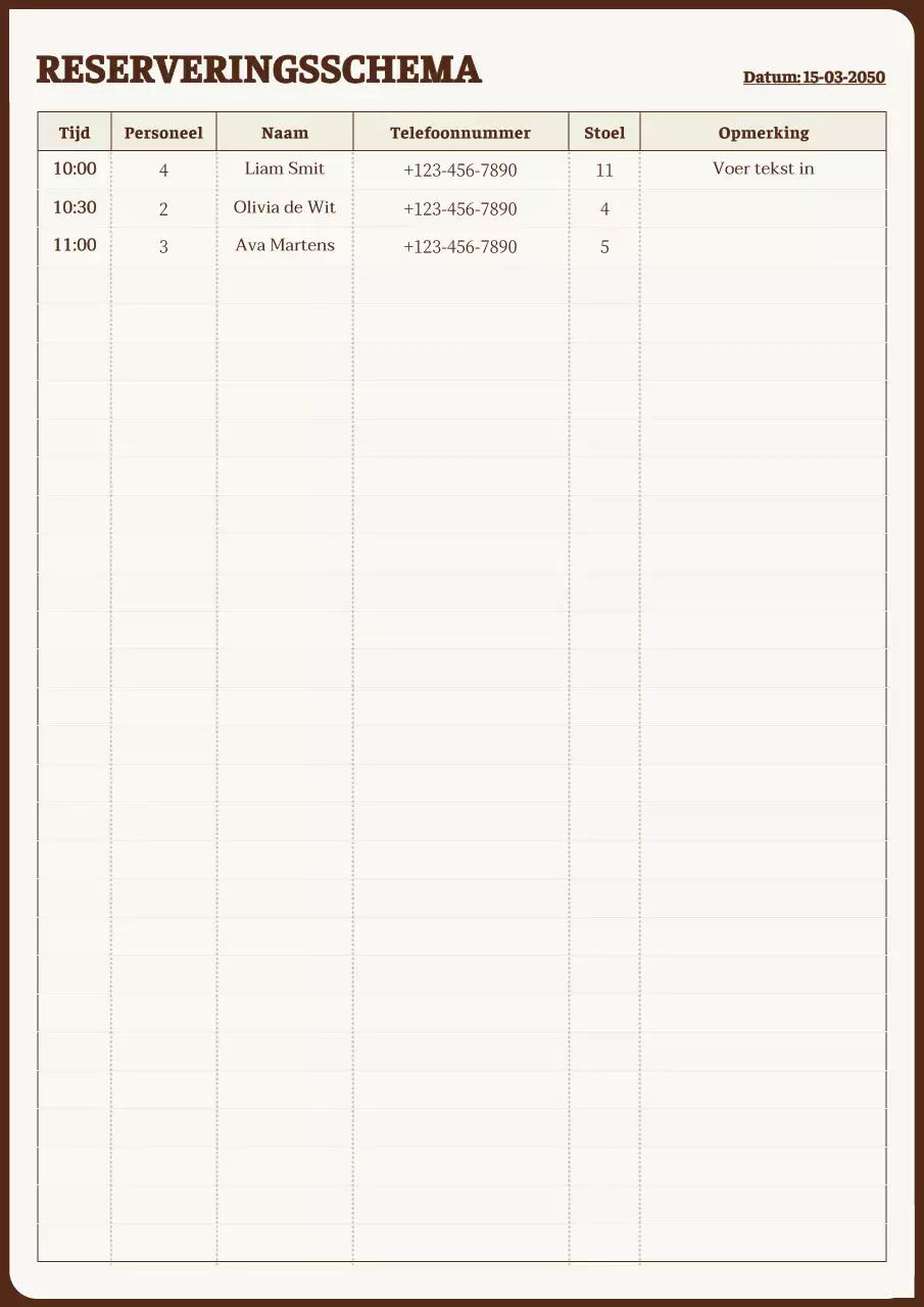 Een schoon, geel en bruin afsprakenschema voor klanten