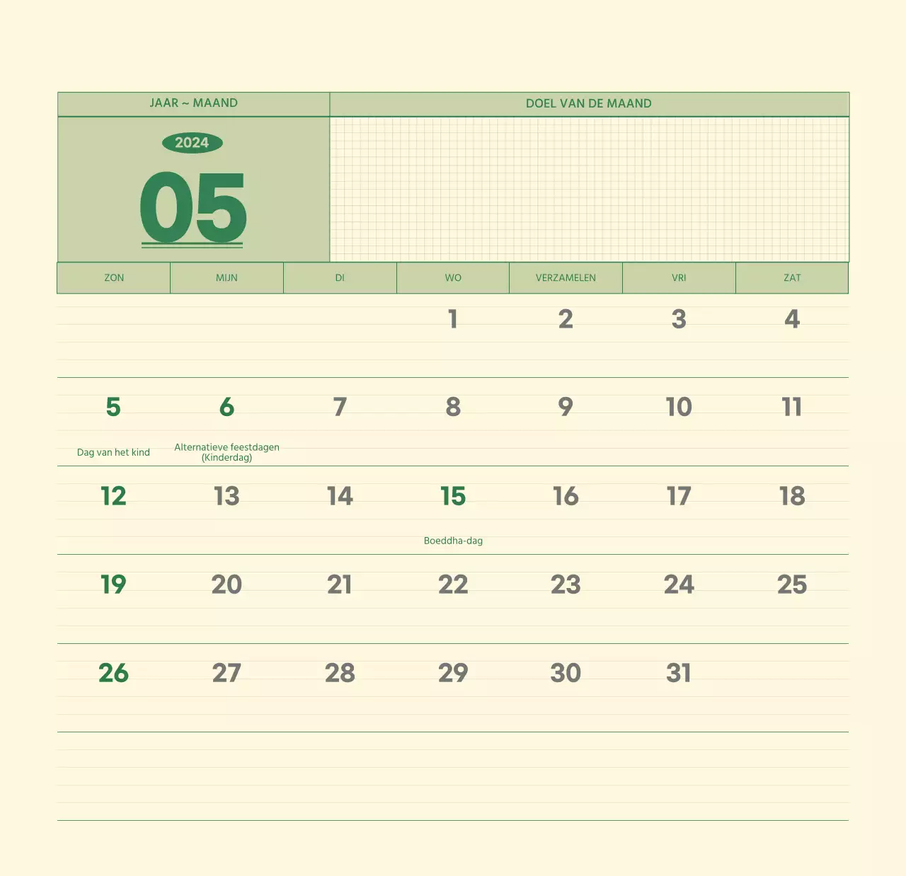 SAT D-day notitieblok concept wandkalender in groen en lichtgeel