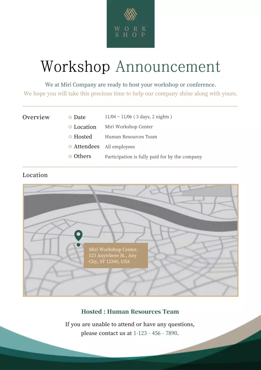 Green and brown workshop venue signage