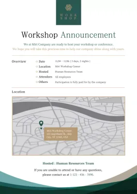 Green and brown workshop venue signage