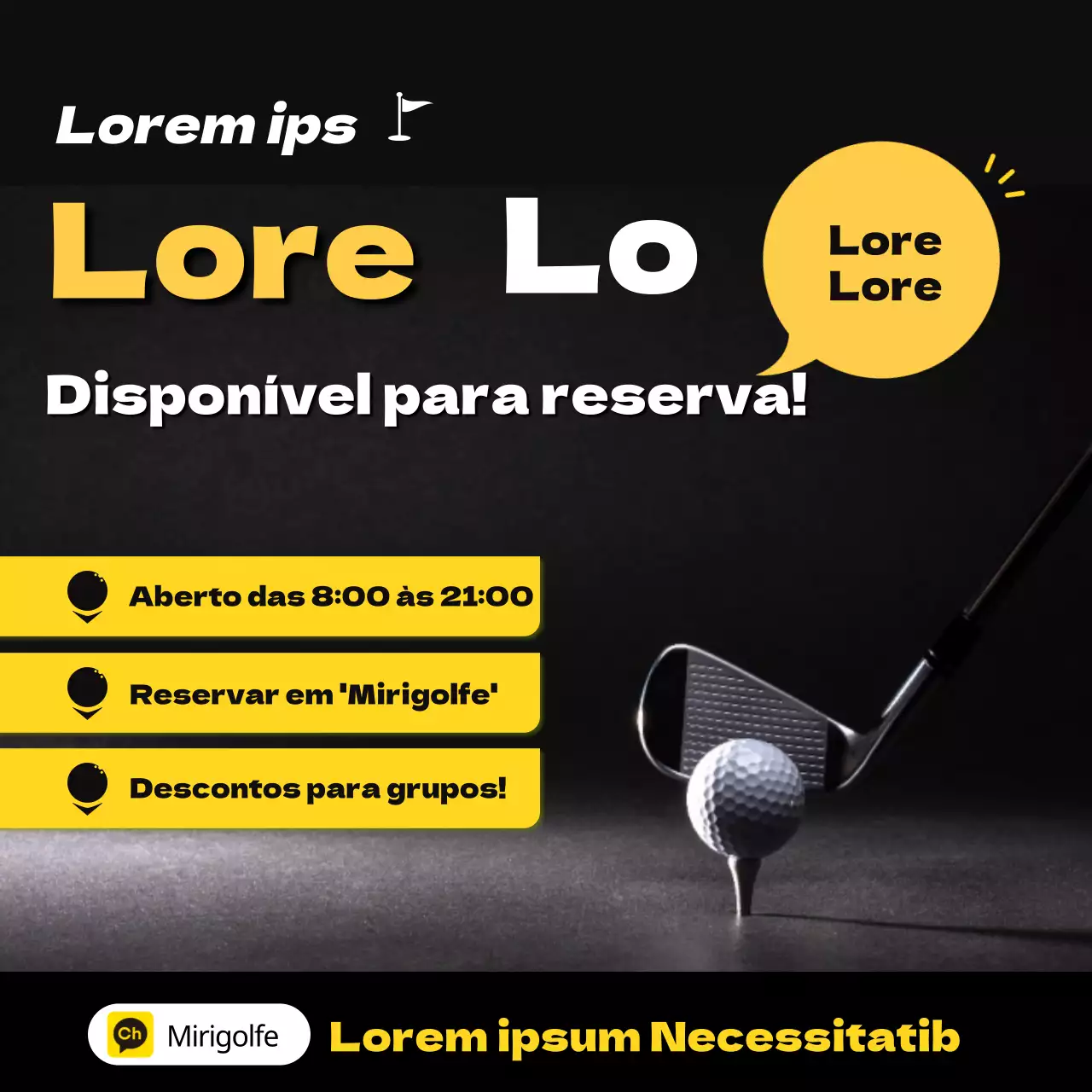 Um ecrã preto e amarelo calmante Guia de reservas de golfe Redes sociais