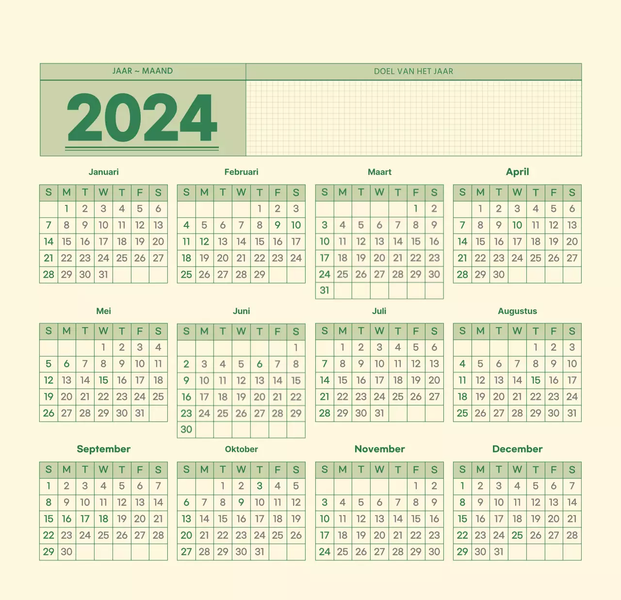 SAT D-day notitieblok concept wandkalender in groen en lichtgeel
