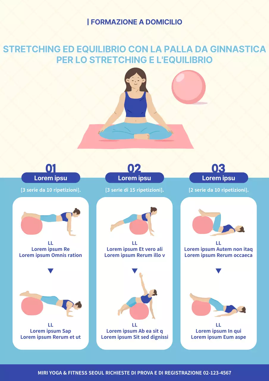 Poster illustrato di esercizi con la palla da ginnastica di colore blu