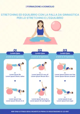 Poster illustrato di esercizi con la palla da ginnastica di colore blu