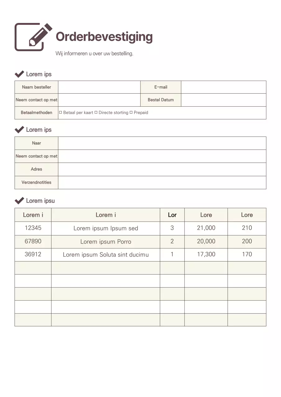 Schoon bruin en geel orderbevestigingsdocument