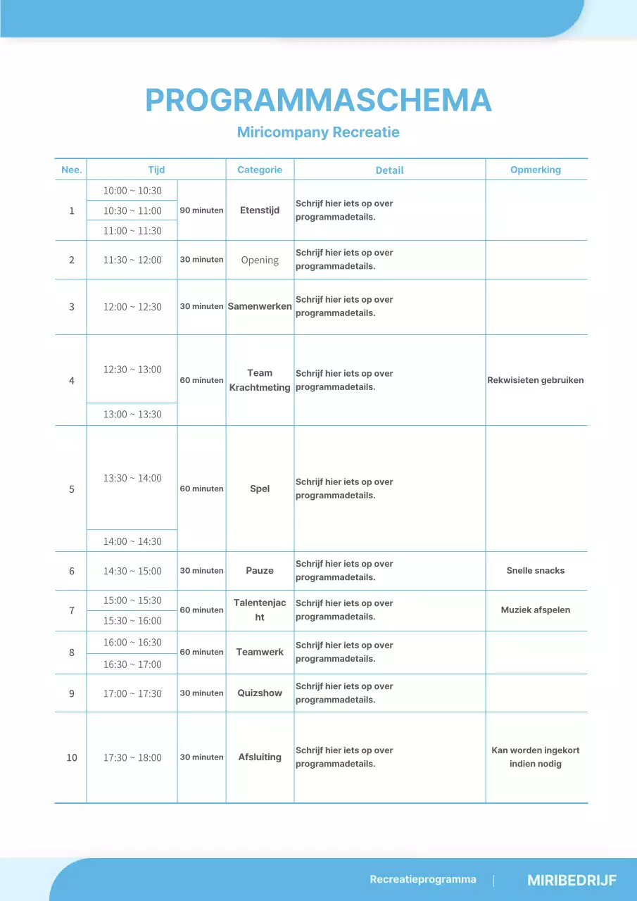 Eenvoudige recreatie programma evenement tijdschema document formaat in lichtblauw