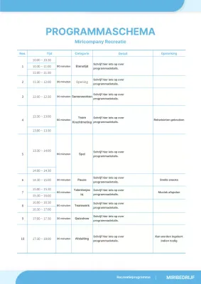 Eenvoudige recreatie programma evenement tijdschema document formaat in lichtblauw